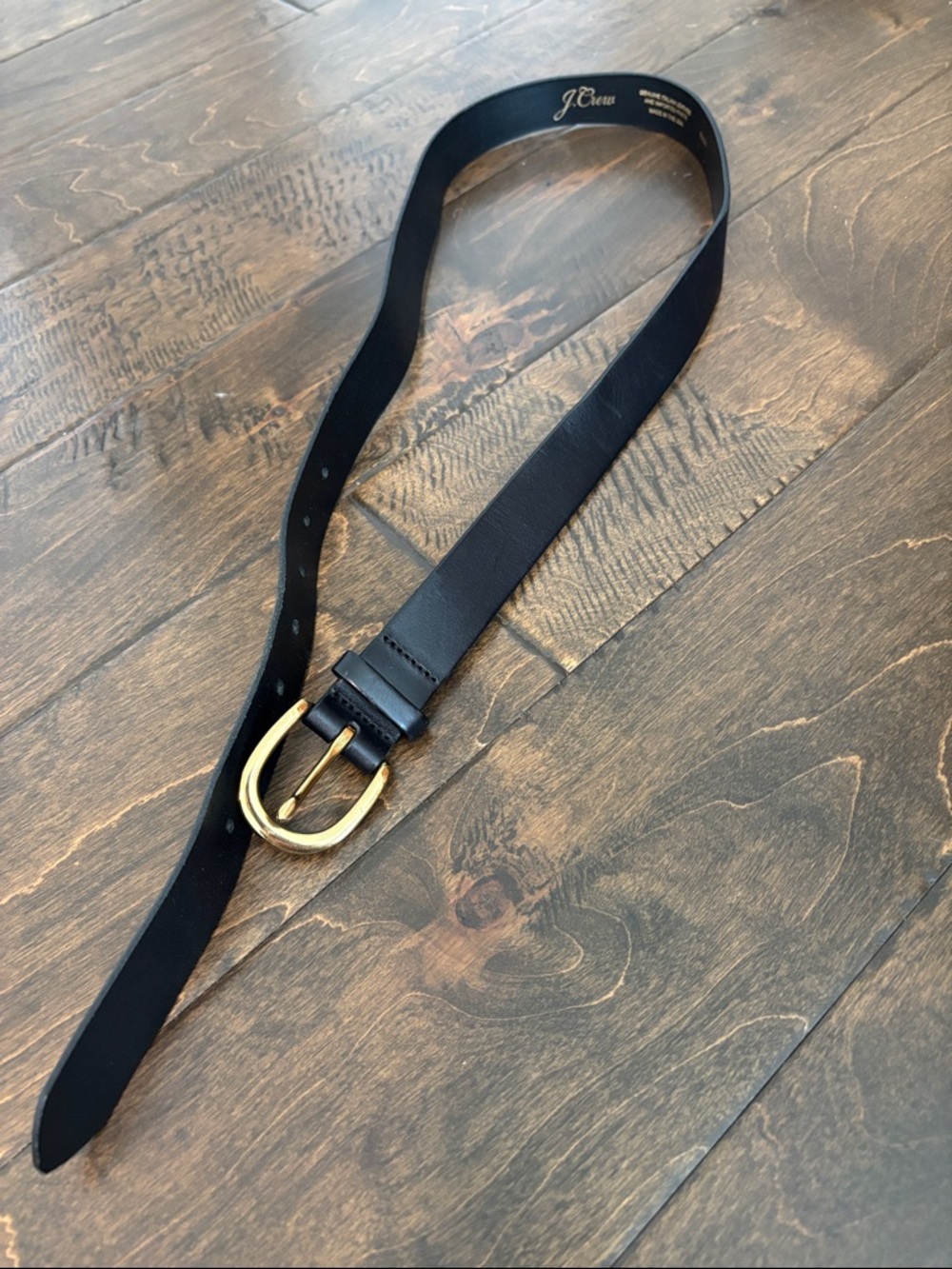 J. Crew Black Leather Belt with Brass-Tone Rounded Buckle